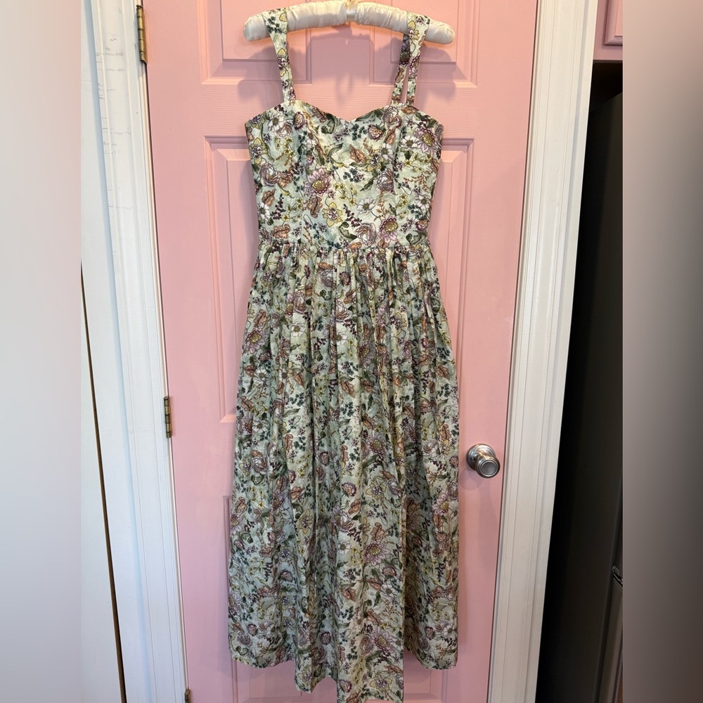💗Aqua Blu Floral Silk Blend Lotus Drop Waist Maxi Dress Sundress Small - Picture 5 of 14